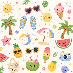 Fototapeta premium Cute Summer Beach Seamless Pattern with Sun, Ice Cream, and Sunglasses