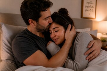 Fototapeta premium In a cozy bedroom, a couple sits together in bed. The man holds the woman close, showing affection. They share a smile as they enjoy each other's company in this private moment.