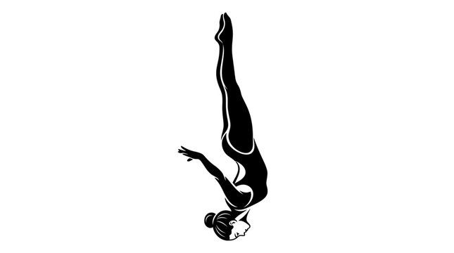 Female diver in silhouette performing a flip into water against white background