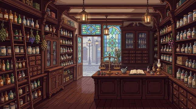 Detailed pixel art apothecary interior featuring wooden shelves filled with many small glass potion bottles