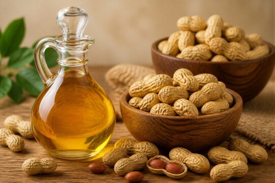Peanuts are placed in two wooden bowls on a table. A bottle of peanut oil sits next to them. Green leaves are visible in the background.