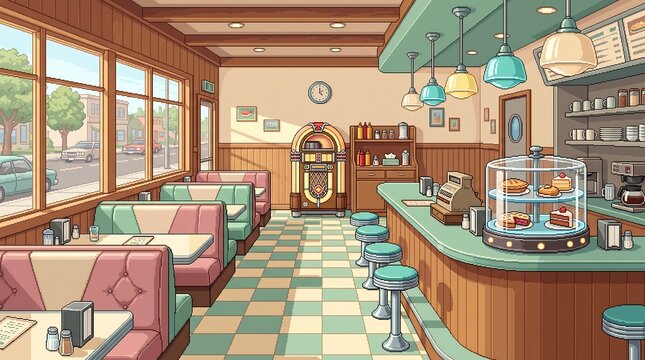 Nostalgic retro diner interior featuring vintage booths and a classic jukebox in colorful pixel art style