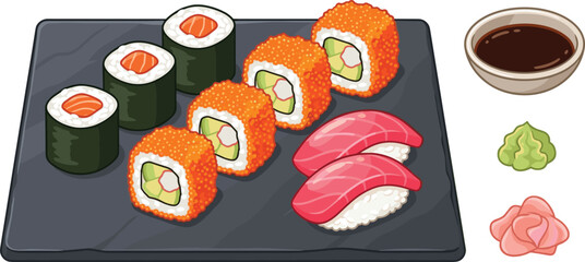 Japanese Sushi Platter Vector Set with Salmon Maki, California Rolls with Tobiko, Tuna Nigiri, Soy Sauce, Wasabi, and Pickled Ginger Illustration © SHILA