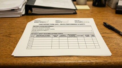 Obraz premium Individual case safety report ICSR form with event description and causality assessment fields on a pharmacovigilance desk close-up