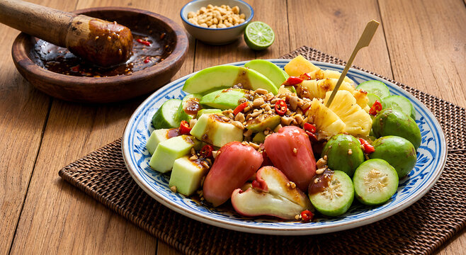 Indonesian Fruit Rujak with Peanut Sauce on Traditional Wooden Table