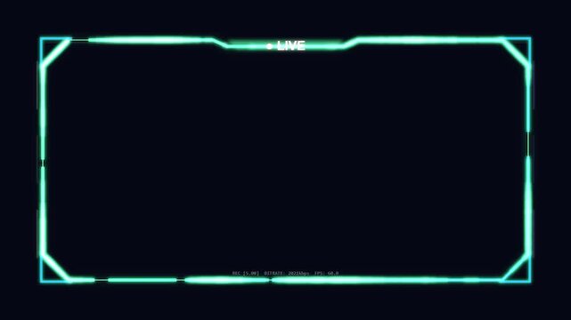  Futuristic digital interface frame overlay with neon glow, live streaming notification, gaming HUD element