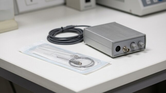 Electromyography EMG needle electrode in sealed sterile packaging beside a signal amplifier on a neurophysiology bench close-up