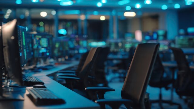 Modern computer lab with rows of desktops and blue lighting.