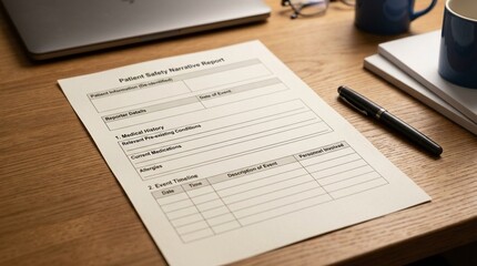 Obraz premium Patient safety narrative template with a medical history and event timeline section on a medical writer desk close-up