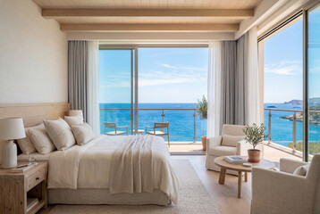 Fototapeta premium Luxury hotel bedroom interior with large sliding doors and ocean view