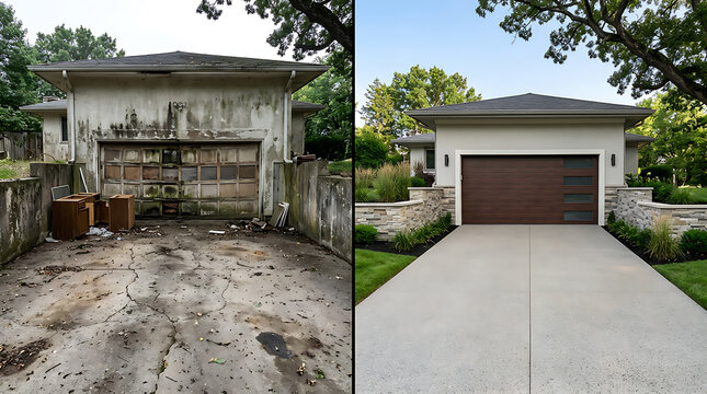 Transformation of a neglected garage into a modern, sleek structure with fresh paint and landscaping for enhanced curb appeal