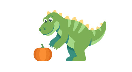 Naklejka premium Cute green dinosaur character reaching for an orange pumpkin for Halloween celebration flat vector illustration.