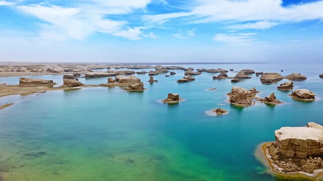 Aerial drone shot of water yardang landforms surrounded by turquoise water in the Qaidam Basin, Qinghai, China