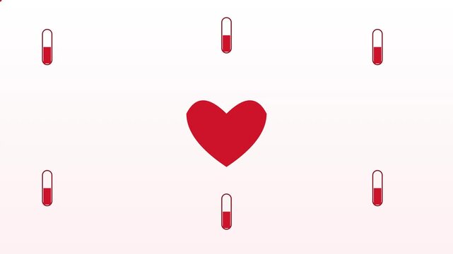 Red heart and medical pill capsules pattern motion animation 4k background, for healthcare and, wellness concepts
