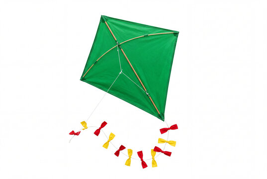 Classic green diamond kite with a colorful tail flying over white