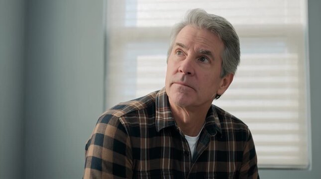 Senior man with thoughtful expression sitting near window