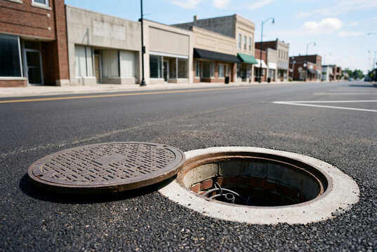 Open heavy metal manhole cover on empty asphalt street in small town