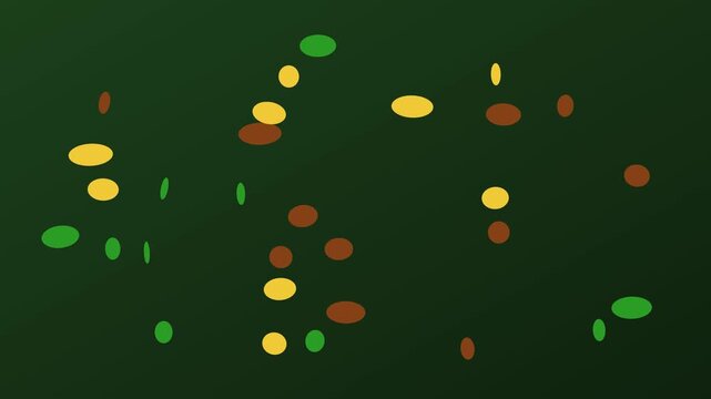 Abstract motion animation 4k background, with floating green, yellow, and brown, ellipses on dark, green backdrop