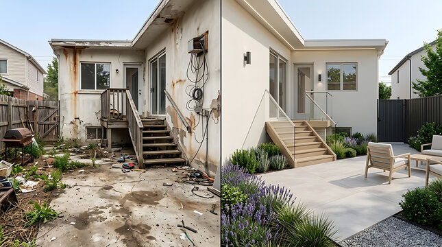 Transformation of a rundown backyard into a modern outdoor living space showcasing renovation and landscaping progress