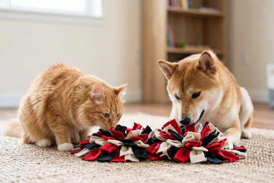 Orange fluffy cat and shiba inu dog sniffing a colorful fabric snuffle mat on a rug indoors