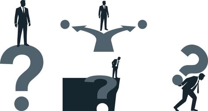Business Silhouette Vector Set with Businessman Facing Question Marks Standing at Crossroads Carrying Burden and Looking Over Cliff for Decision Making Graphics