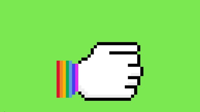 Pixel art white hand with rainbow wristband on green background representing pride and diversity