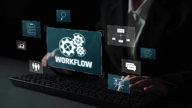 Workflow optimization concept featuring interconnected gears, task management, collaboration, process mapping, review, and automation for business productivity and efficiency Marrow