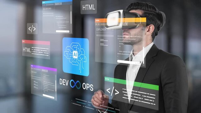 Young professional wearing virtual reality headset engaged in futuristic digital interface showcasing programming languages and DevOps concepts in modern office Gluon.