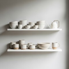 Fototapeta premium Minimalist white ceramic tableware set displayed on floating shelves