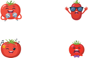 Fototapeta premium Cute Red Tomato Mascot Sticker Set Featuring Funny Vegetable Emoticons Singing Karaoke, Wearing Sunglasses, Listening to Music, and Shouting for Kids Media