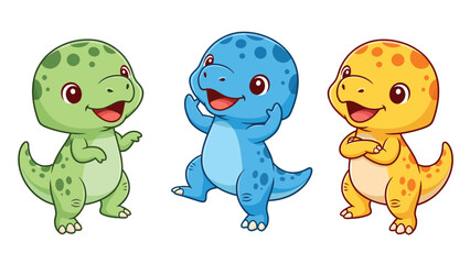 Fototapeta premium Three cute cartoon dinosaurs in different colors standing and smiling, isolated on a white background.