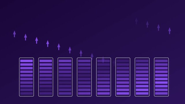 Digital audio equalizer bars with rising arrows: dynamic sound visualization and music spectrum analysis animation 4k
