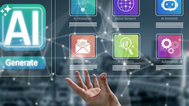 Hand Reaching Towards AI Innovation Interface with Generate Button and Various Technology Icons Displayed on a Digital Background Sigmoid