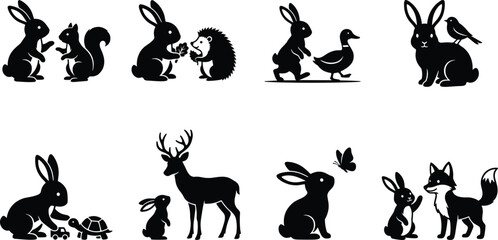 Obraz premium Cute Bunny and Woodland Animal Friendship Silhouette Collection Featuring Forest Wildlife Companion Scenes