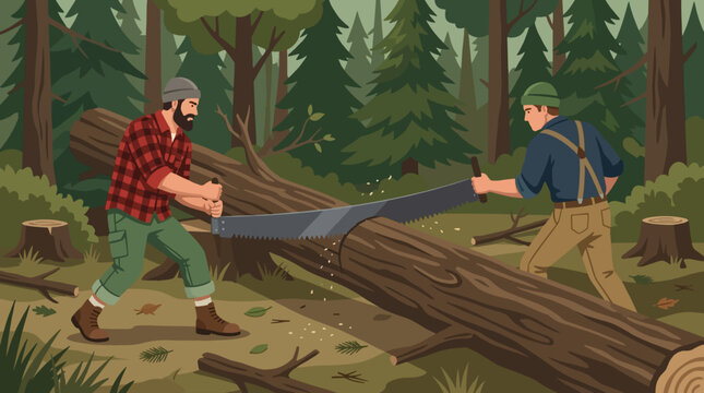 2D Flat Vector Two lumberjacks sawing a large tree trunk in a forest with a two man saw