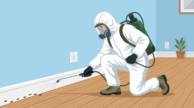 2D Flat Vector Pest control worker in protective suit spraying insecticide on ants indoors