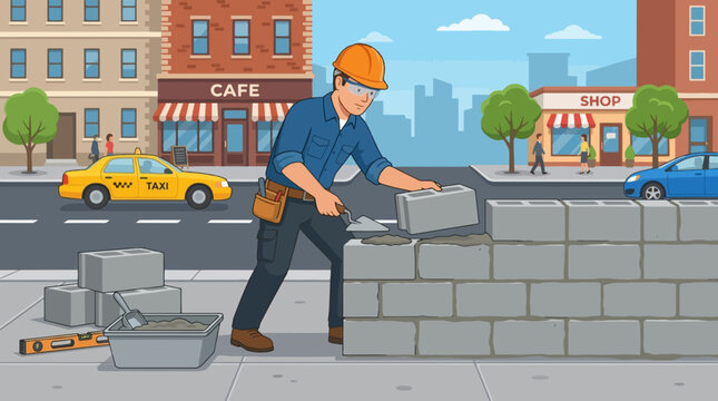 2D Flat Vector Construction worker building a wall on a city street with a taxi and shop in background
