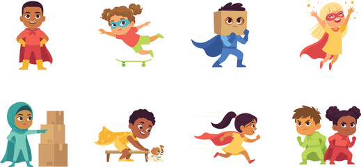 Fototapeta premium Cute Cartoon Diverse Kids Playing Superhero Character Mascot Set Featuring Skateboard Cardboard Box Costumes and Running Poses for Children Education Designs