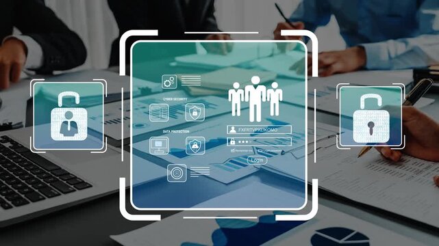 Secure data management and teamwork collaboration concept with digital icons and documents on a professional workspace during a business meeting Gluon.