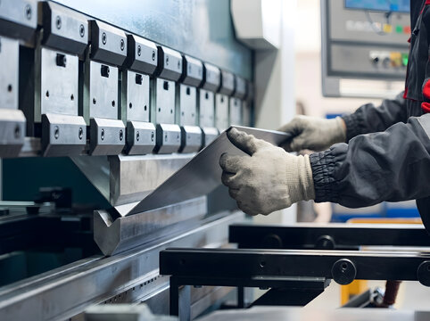 Worker Operating Hydraulic Press Brake Machine Close Up | Bending Sheet Metal Plate in Factory Workshop | Industrial Metalworking Worker with Protective Gloves | Precision Sheet Metal Bending Manufact