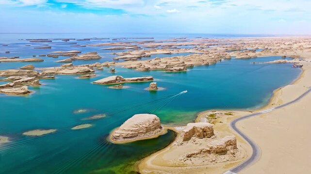 Aerial view of the water yardang landforms with a speedboat in Qinghai, China