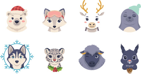 Cute Cartoon Arctic Animal Avatar Icon Set Featuring Polar Bear Arctic Fox Reindeer Seal Husky Snow Leopard Muskox and Squirrel for Christmas Graphic Designs © MstAkhlima