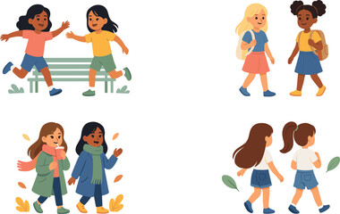 Fototapeta premium Flat Vector Set of Diverse Young Girls and School Friends Walking Talking Running in Park and Carrying Backpacks for Education and Childhood Graphic Designs