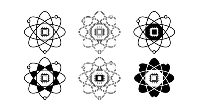 Set of six different atom molecule icons with neutron, proton, and electron symbols isolated on transparent background, Vector