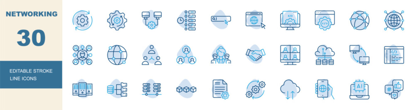 Networking icon set. Editable line icons connection, server, cloud computing, technology vector illustration