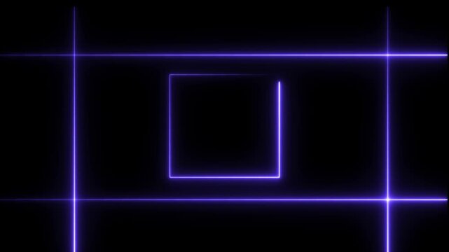 Square frame emits a vibrant purple neon radiance against an infinite black backdrop where subtle crossing lines define a sophisticated technological interface design for digital media and video.