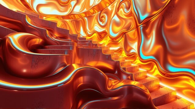 Abstract steps ascend within fluid, swirling orange space. Metallic sheen dominates composition, creating dreamlike scene.