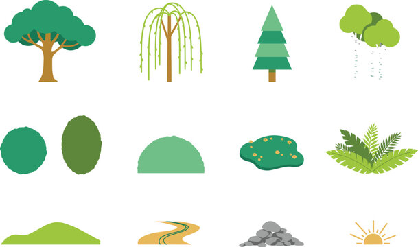Flat Nature Landscape Icon Set Featuring Trees Bushes Clouds Hills Paths and Plants for Game Environments Maps and Outdoor Environment Graphic Designs