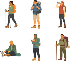 Obraz premium Flat Vector Set of Diverse Hikers and Backpackers Trekking Drinking Water Cooking and Navigating with Compass for Camping Tourism and Outdoor Adventure Graphic Designs