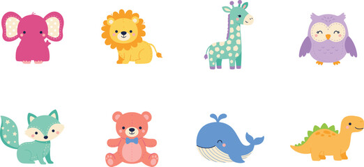 Fototapeta premium Cute Toy Animal Vector Set Featuring Stuffed Cartoon Elephant Lion Giraffe Owl Fox Teddy Bear Whale and Dinosaur for Nursery Fabric Designs
